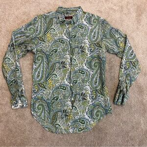 Zara men’s green blue paisley print tropical button down shirt long sleeve Sz L